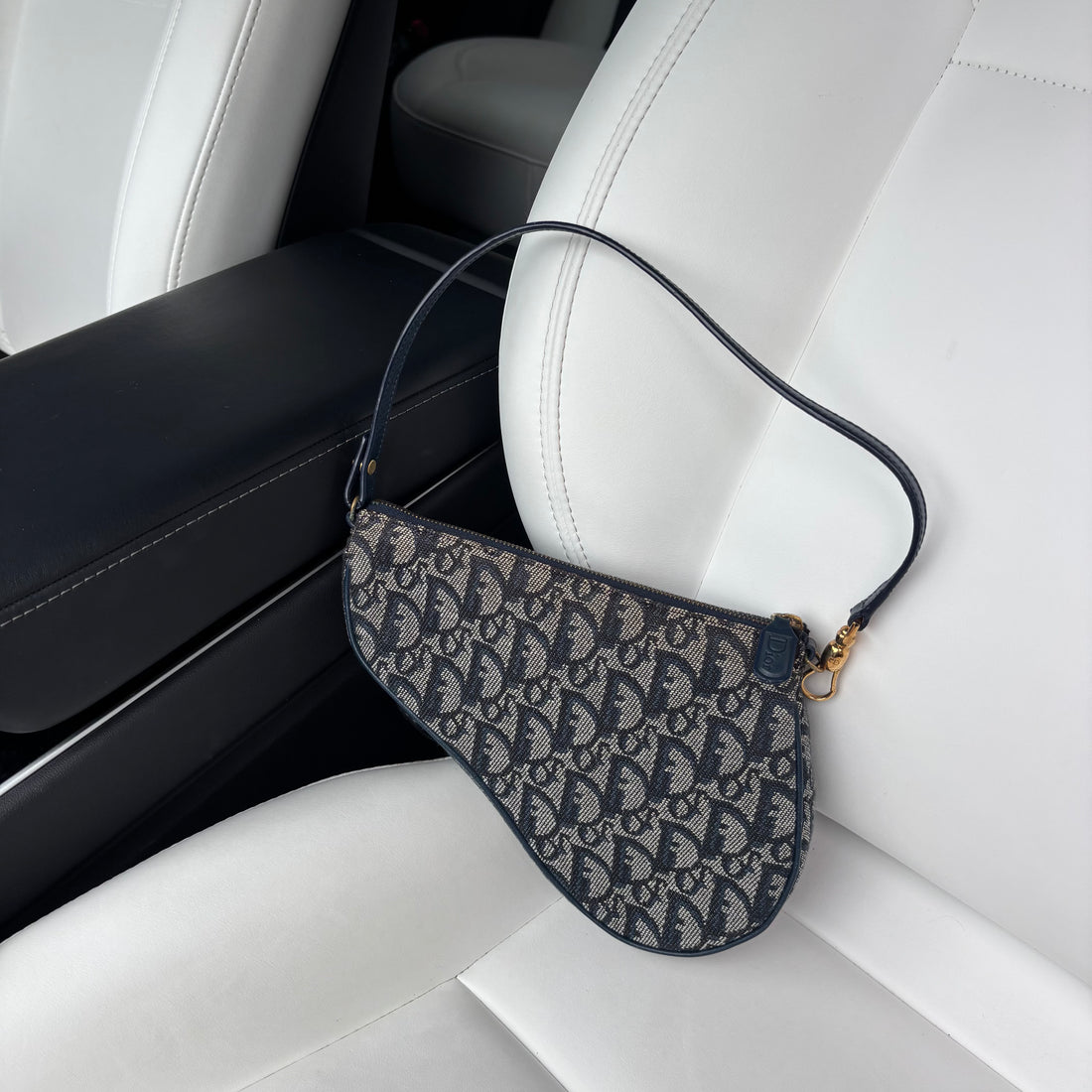 Early 2000s Dior Trotter Canvas Saddle Bag — Navy &amp; Cream, Gold Hardware, Original Dustbag, John Galliano Era