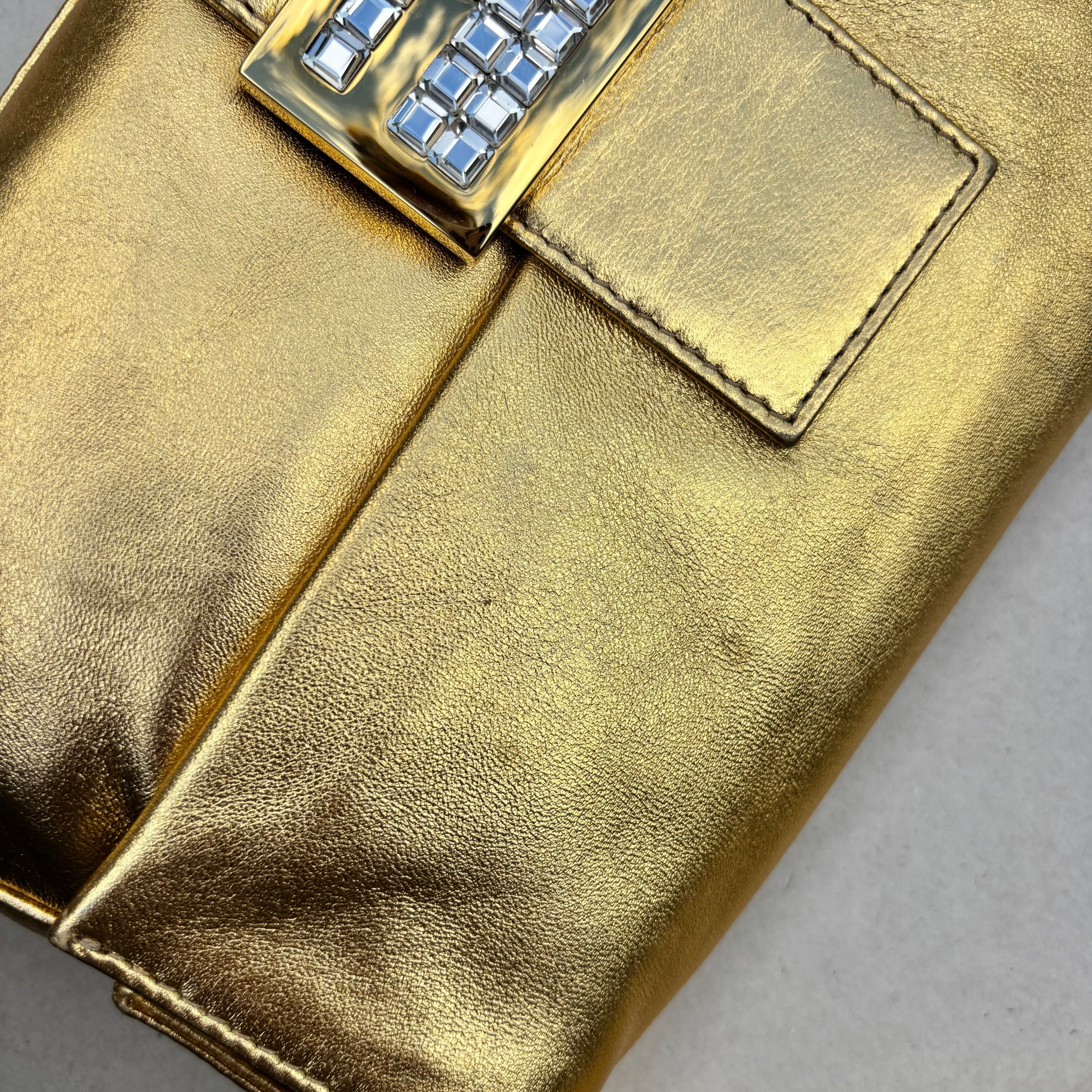 Fendi Gold Lambskin Crystal Baguette