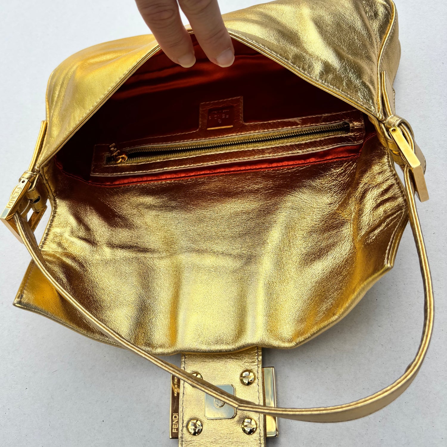 Fendi Gold Lambskin Crystal Baguette