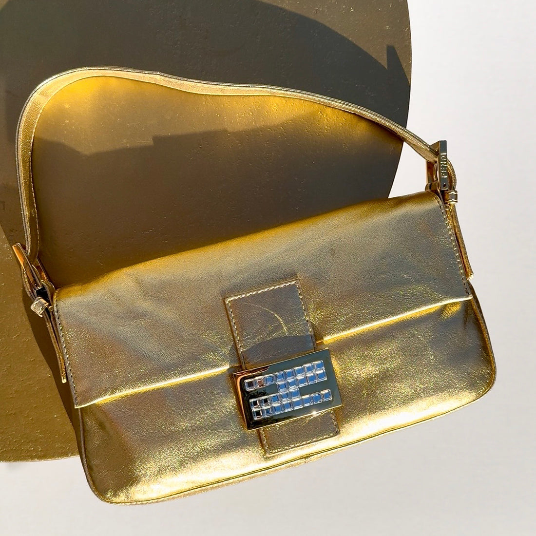 Fendi Gold Lambskin Crystal Baguette