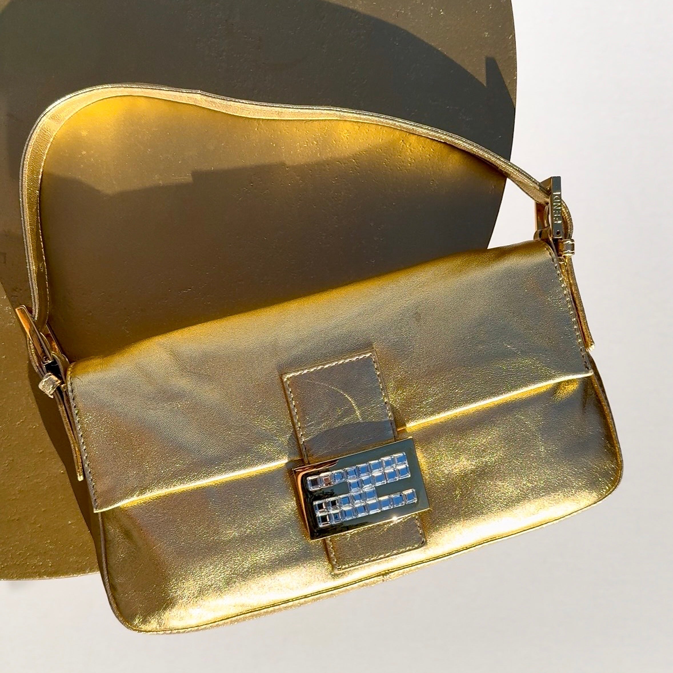Fendi Gold Lambskin Crystal Baguette
