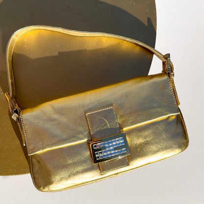 Fendi Gold Lambskin Crystal Baguette