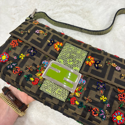 RARE Fendi Zucca Canvas Multicolour Beaded Baguette with Lizard Trim