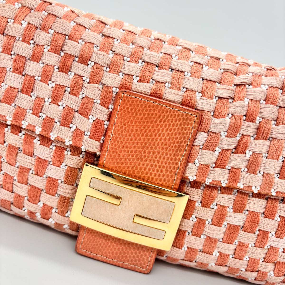 Fendi Peach &amp; White Woven Tweed Crystal Beaded Baguette with Lizard Trim