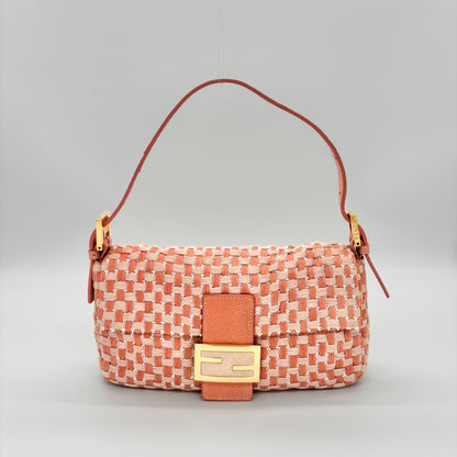Fendi Peach &amp; White Woven Tweed Crystal Beaded Baguette with Lizard Trim