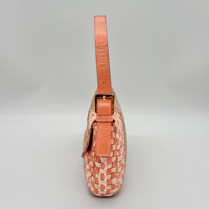 Fendi Peach &amp; White Woven Tweed Crystal Beaded Baguette with Lizard Trim