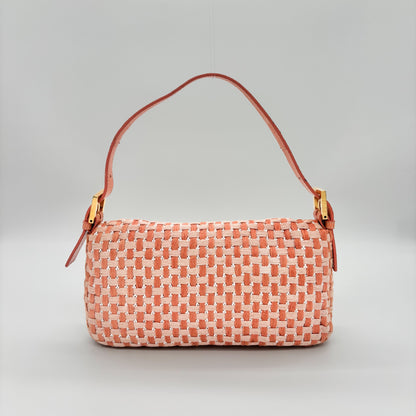 Fendi Peach &amp; White Woven Tweed Crystal Beaded Baguette with Lizard Trim