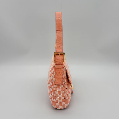 Fendi Peach &amp; White Woven Tweed Crystal Beaded Baguette with Lizard Trim