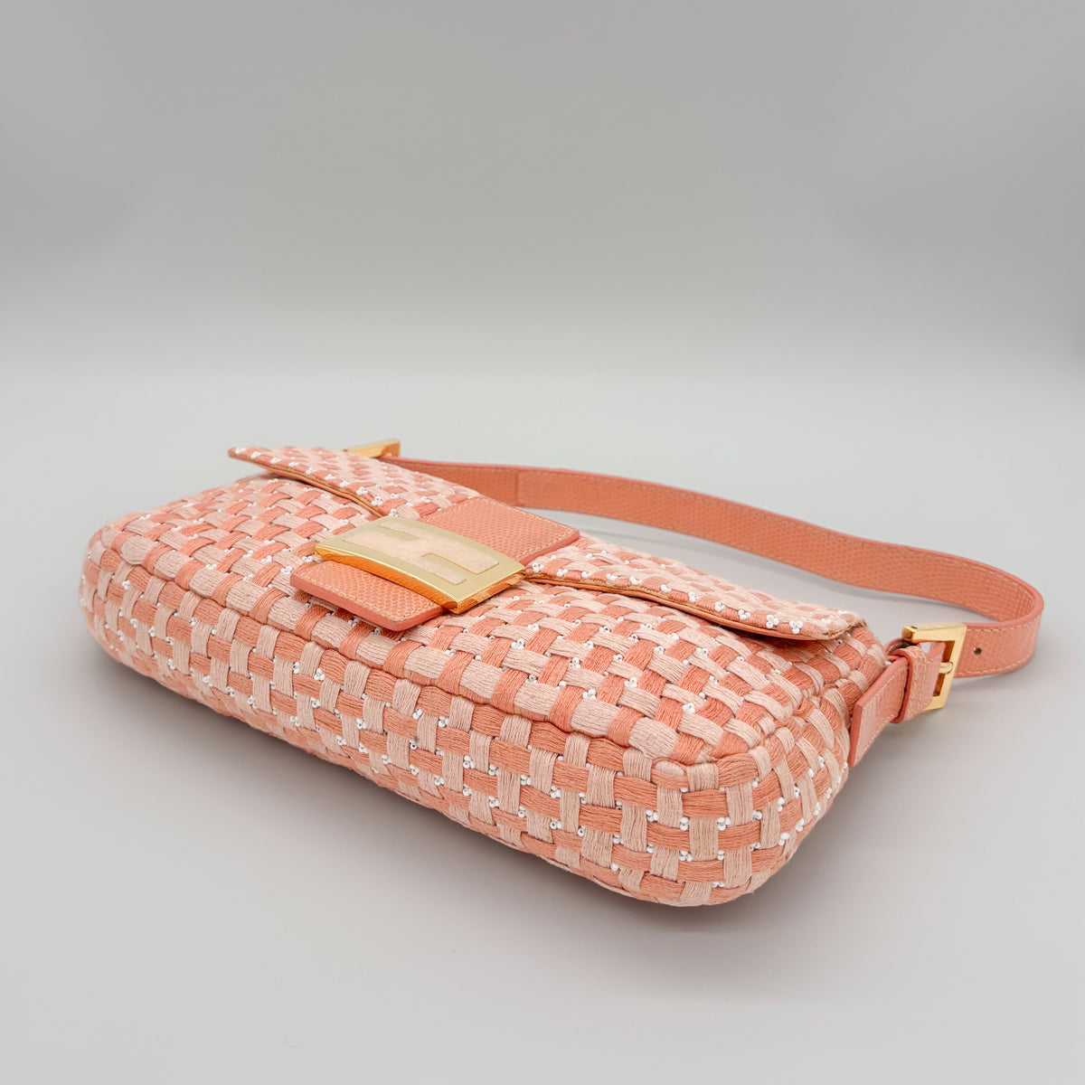 Fendi Peach &amp; White Woven Tweed Crystal Beaded Baguette with Lizard Trim
