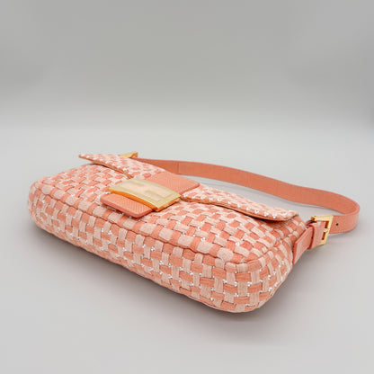 Fendi Peach &amp; White Woven Tweed Crystal Beaded Baguette with Lizard Trim