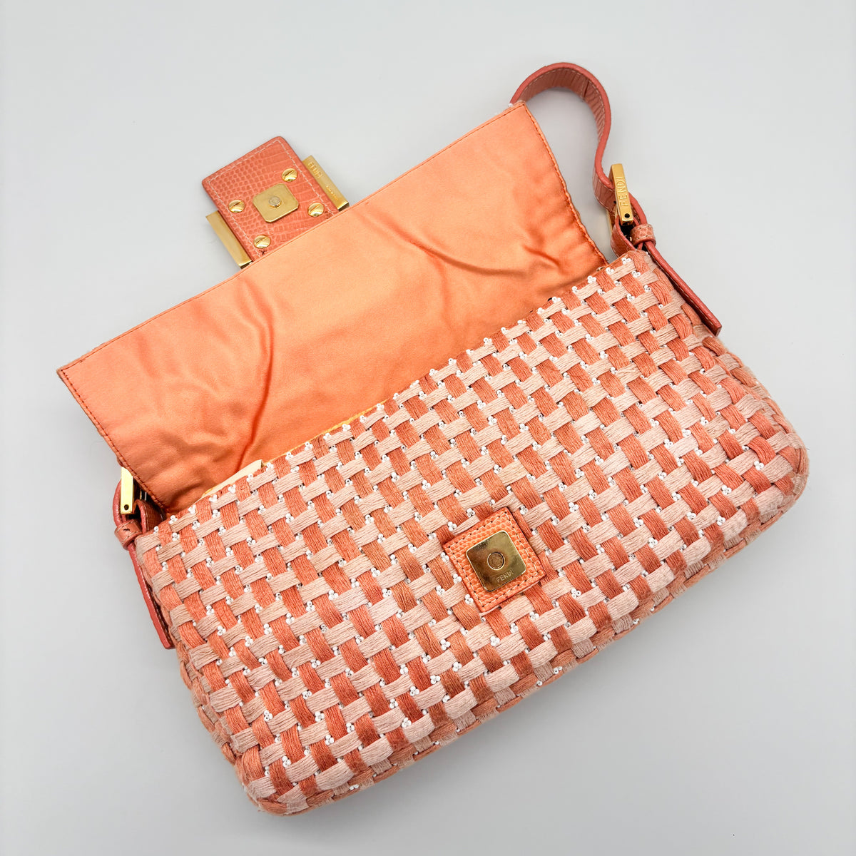 Fendi Peach &amp; White Woven Tweed Crystal Beaded Baguette with Lizard Trim