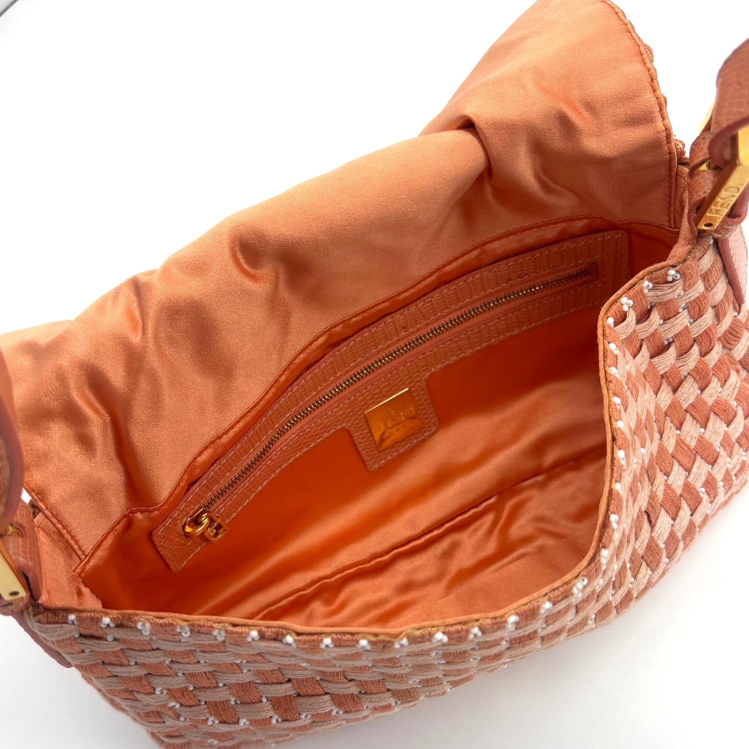 Fendi Peach &amp; White Woven Tweed Crystal Beaded Baguette with Lizard Trim