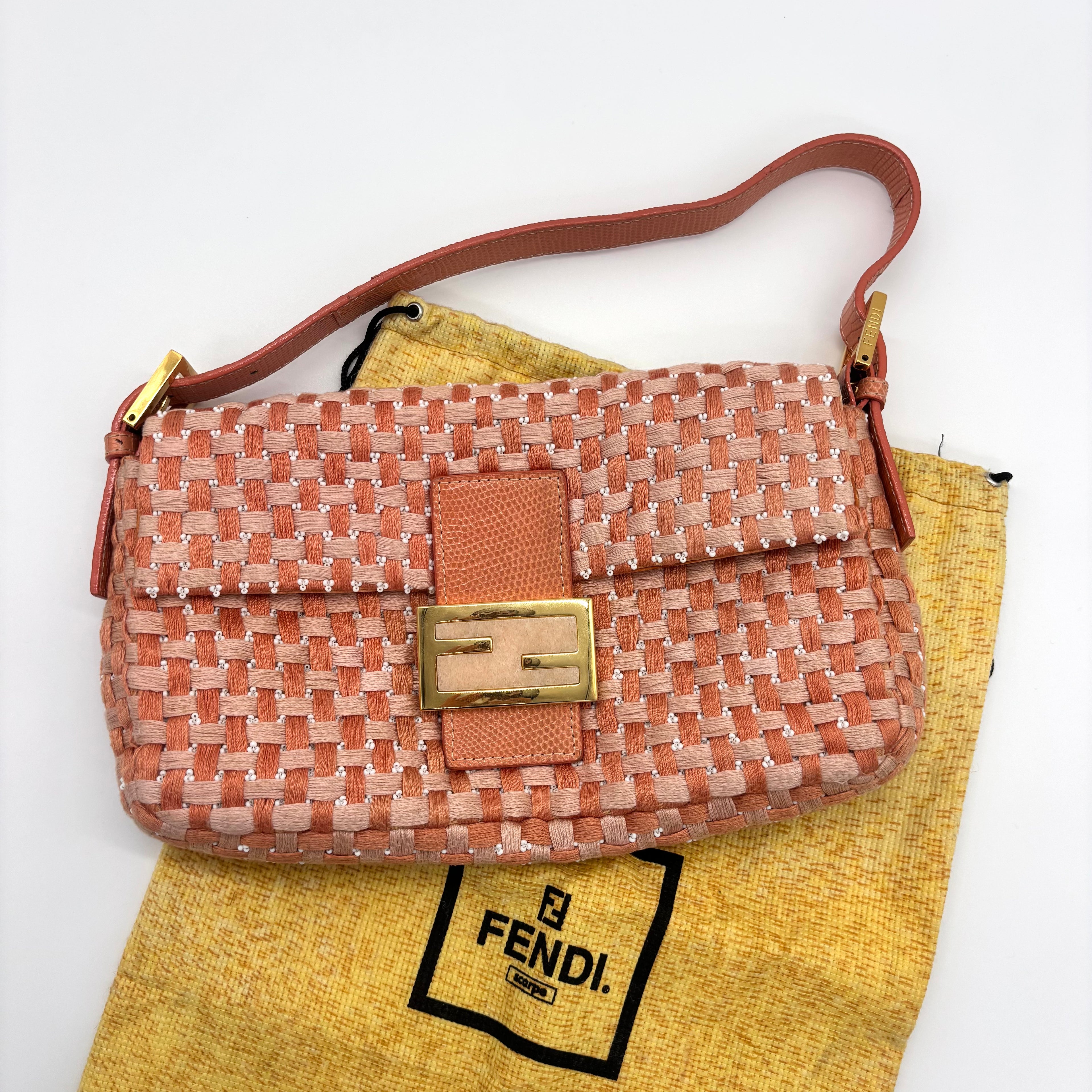 Fendi Peach &amp; White Woven Tweed Crystal Beaded Baguette with Lizard Trim