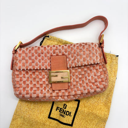 Fendi Peach &amp; White Woven Tweed Crystal Beaded Baguette with Lizard Trim