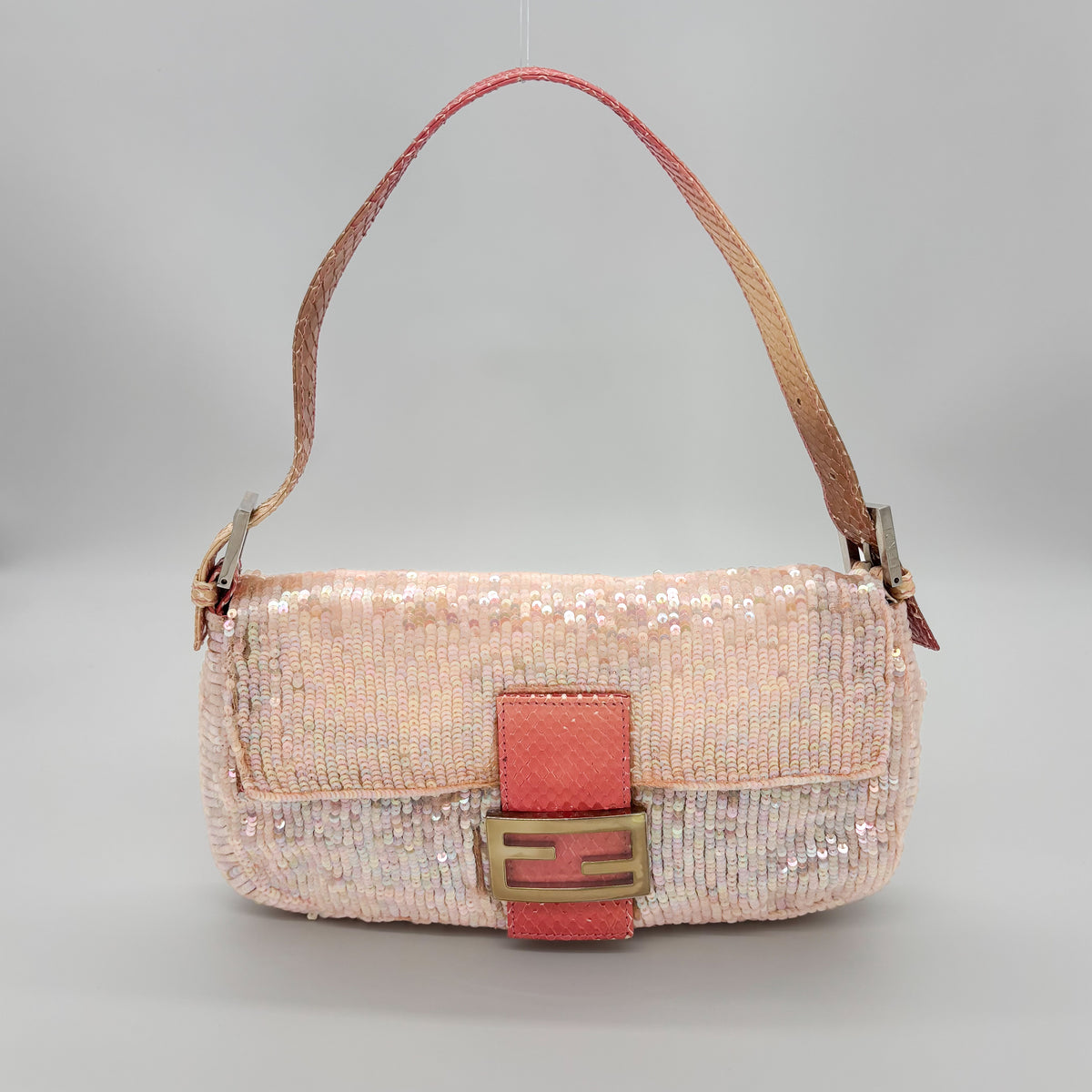 Fendi Iridescent Pink Sequin Baguette with Ombré Python Trim, Early 2000s