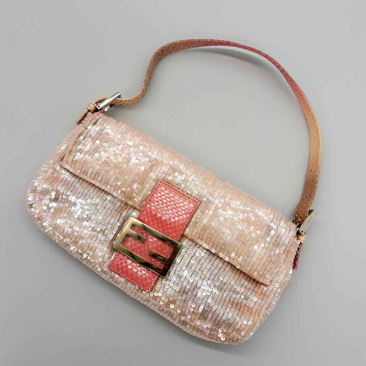 Fendi Iridescent Pink Sequin Baguette with Ombré Python Trim, Early 2000s