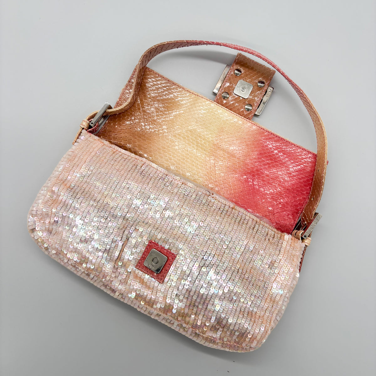 Fendi Iridescent Pink Sequin Baguette with Ombré Python Trim, Early 2000s