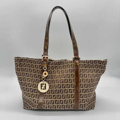 Fendi Zucca Canvas Zip Tote with Gold FF Charm — Early 2000s