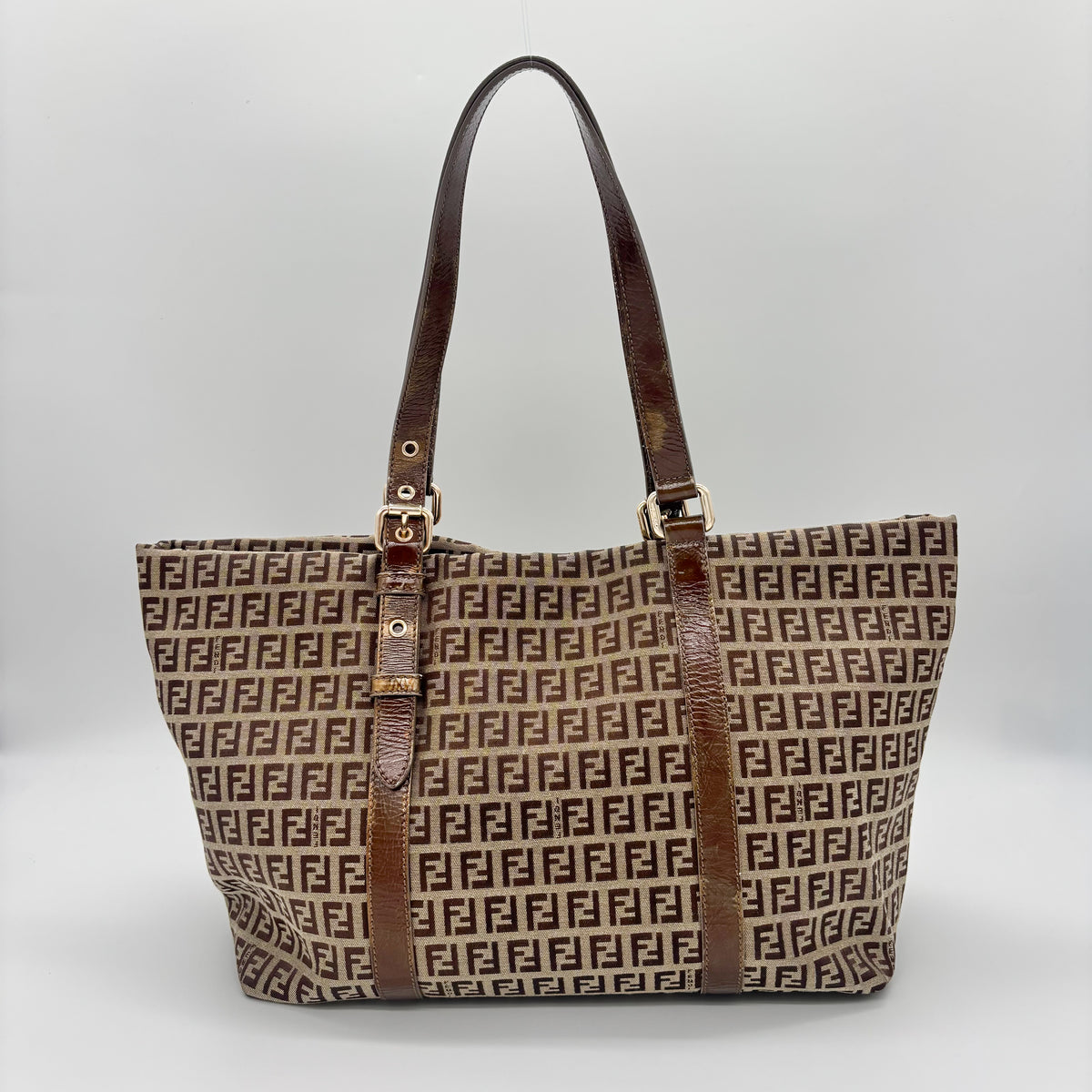 Fendi Zucca Canvas Zip Tote with Gold FF Charm — Early 2000s
