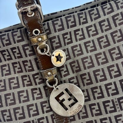 Fendi Zucca Canvas Zip Tote with Gold FF Charm — Early 2000s