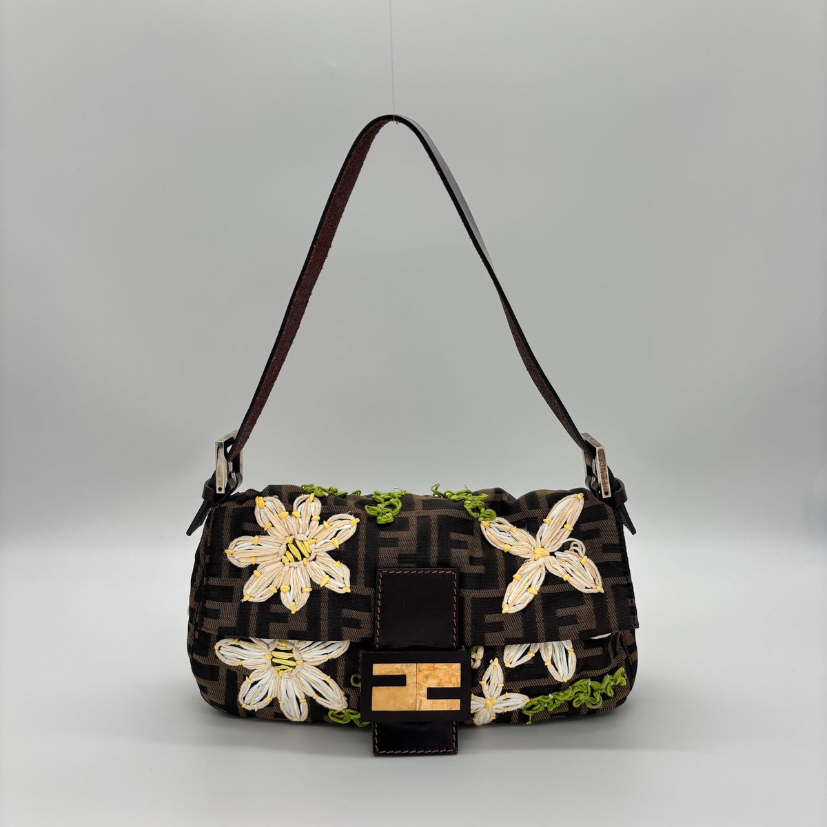 Fendi Zucca Canvas Embroidered Daisy Baguette, Tortoiseshell FF Buckle, Lime Green Silk Interior