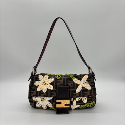 Fendi Zucca Canvas Embroidered Daisy Baguette, Tortoiseshell FF Buckle, Lime Green Silk Interior