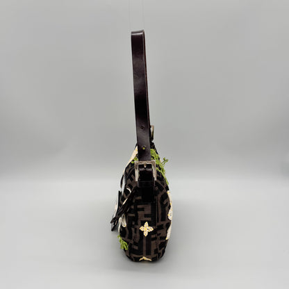 Fendi Zucca Canvas Embroidered Daisy Baguette, Tortoiseshell FF Buckle, Lime Green Silk Interior