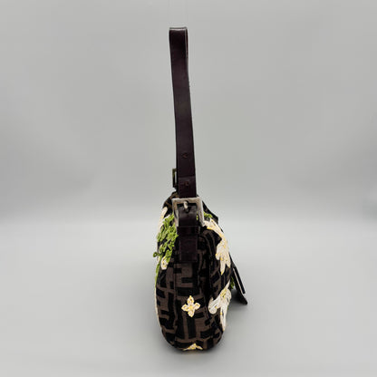Fendi Zucca Canvas Embroidered Daisy Baguette, Tortoiseshell FF Buckle, Lime Green Silk Interior