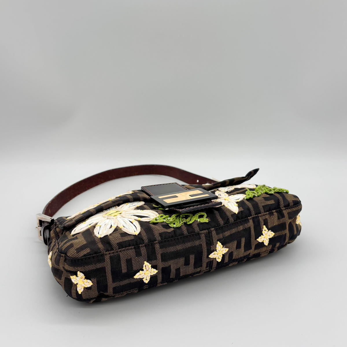 Fendi Zucca Canvas Embroidered Daisy Baguette, Tortoiseshell FF Buckle, Lime Green Silk Interior