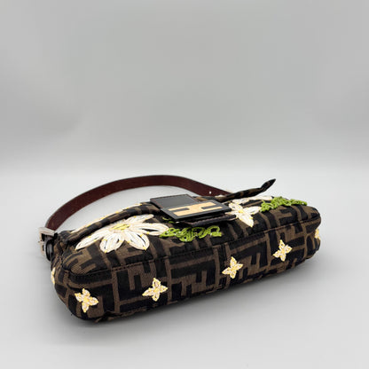 Fendi Zucca Canvas Embroidered Daisy Baguette, Tortoiseshell FF Buckle, Lime Green Silk Interior
