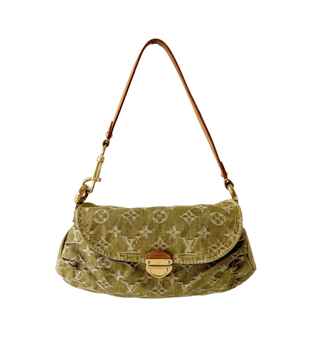 Monogram Denim Pleaty Shoulder Bag in Khaki