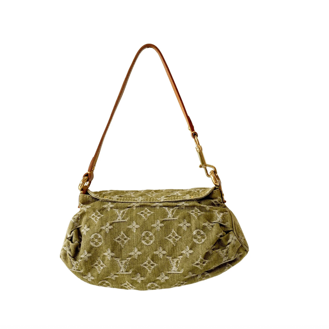 Monogram Denim Pleaty Shoulder Bag in Khaki