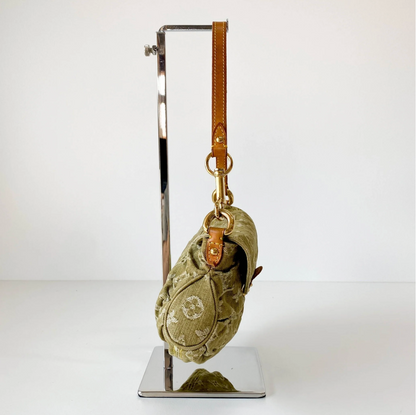 Monogram Denim Pleaty Shoulder Bag in Khaki