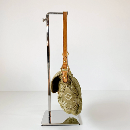 Monogram Denim Pleaty Shoulder Bag in Khaki