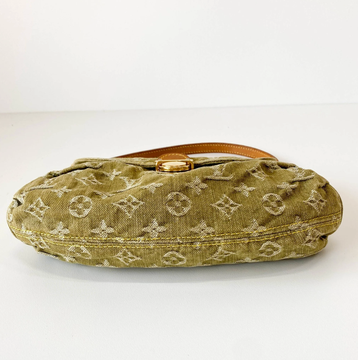 Monogram Denim Pleaty Shoulder Bag in Khaki