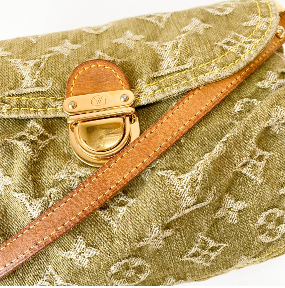 Monogram Denim Pleaty Shoulder Bag in Khaki