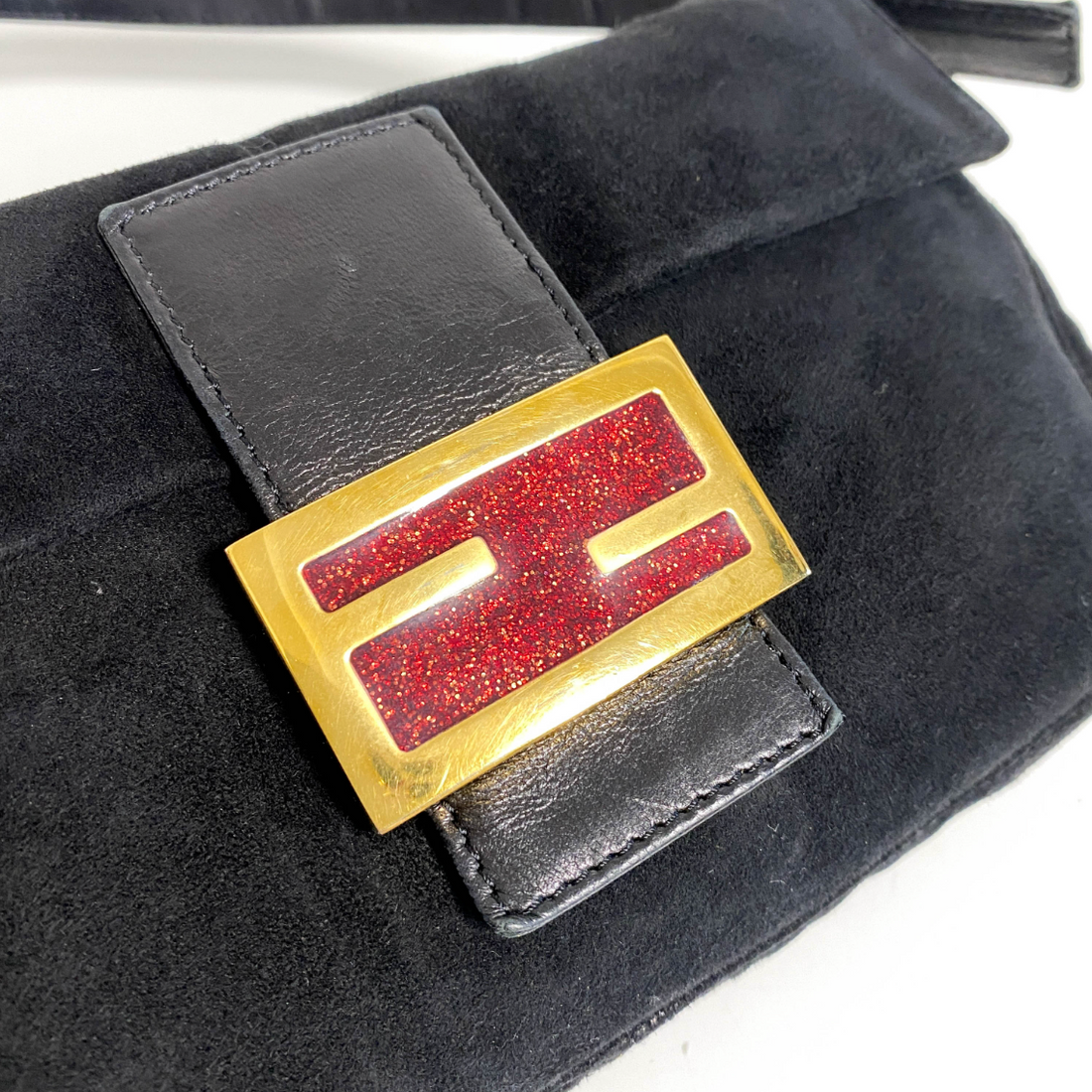 Black Suede Baguette with Red Glitter FF Clasp